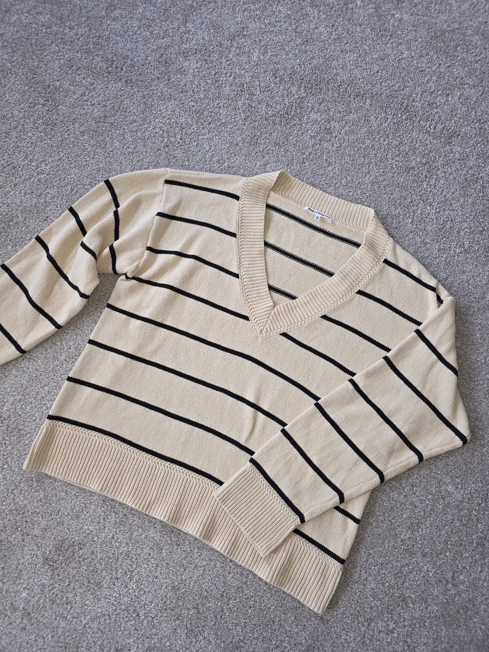 Reformation Cream and Black Striped V-Neck Sweater - Picture 2 of 3